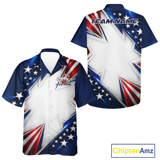 Custom Patriotic Bowling League Team Shirt, American Flag Bowling Men And Women Button Up Shirt IPHW12189
