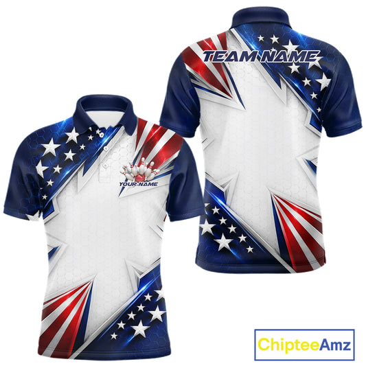 Custom Patriotic Bowling League Team Shirt, American Flag Bowling Men Polo Shirt IPHW12189