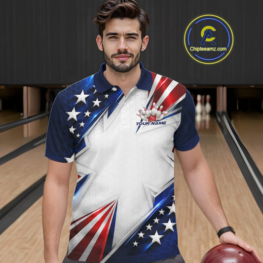 Custom Patriotic Bowling League Team Shirt, American Flag Bowling Men Polo Shirt IPHW12189