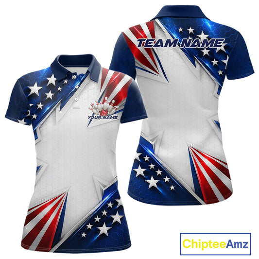 Custom Patriotic Bowling League Team Shirt, American Flag Bowling Women Polo Shirt IPHW12189