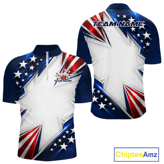 Custom Patriotic Bowling League Team Shirt, American Flag Bowling Men Quarter Zip Shirt IPHW12189