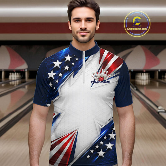 Custom Patriotic Bowling League Team Shirt, American Flag Bowling Men Quarter Zip Shirt IPHW12189