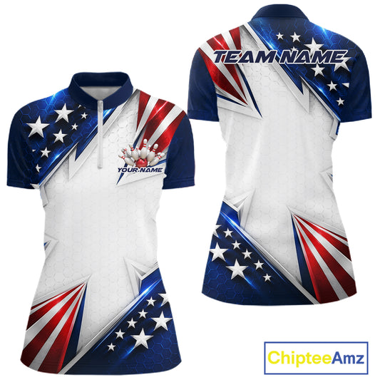 Custom Patriotic Bowling League Shirt, American Flag Bowling Women Quarter-Zip Shirt IPHW12189