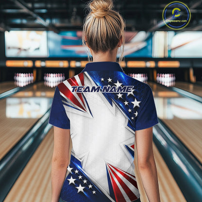 Custom Patriotic Bowling League Shirt, American Flag Bowling Women Quarter-Zip Shirt IPHW12189