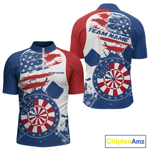Custom Grunge US Flag Dart Quarter-Zip Shirts For Men, Patriotic Dart Team League Shirt IPHW10020