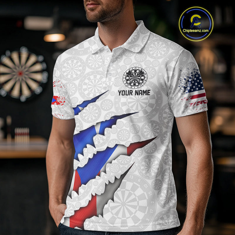 Custom Puerto Rico American Flag Dart Team Polo Shirt For Men, Patriotic Dart Jerseys IPHW10022