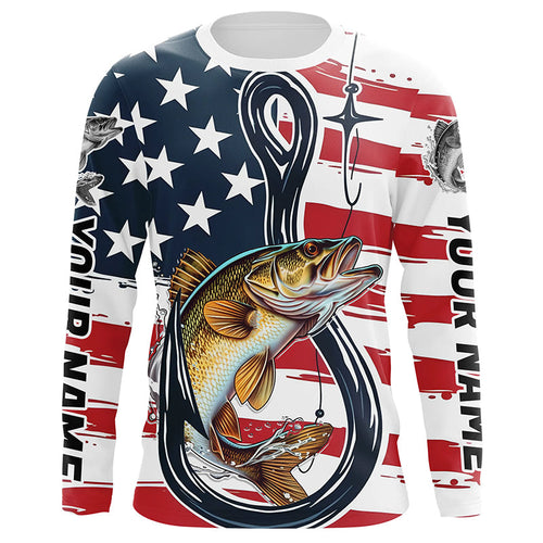 Us Flag Fish Hook Custom Patriotic Walleye Long Sleeve Fishing Shirts, Walleye Fishing Jerseys IPHW7957