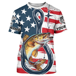 Us Flag Fish Hook Custom Patriotic Walleye Long Sleeve Fishing Shirts, Walleye Fishing Jerseys IPHW7957