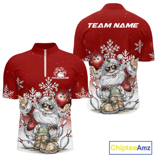 Custom Funny Santa Claus Christmas Bowling Men Quarter-Zip Shirts, Xmas Bowling Team Shirt IPHW10108