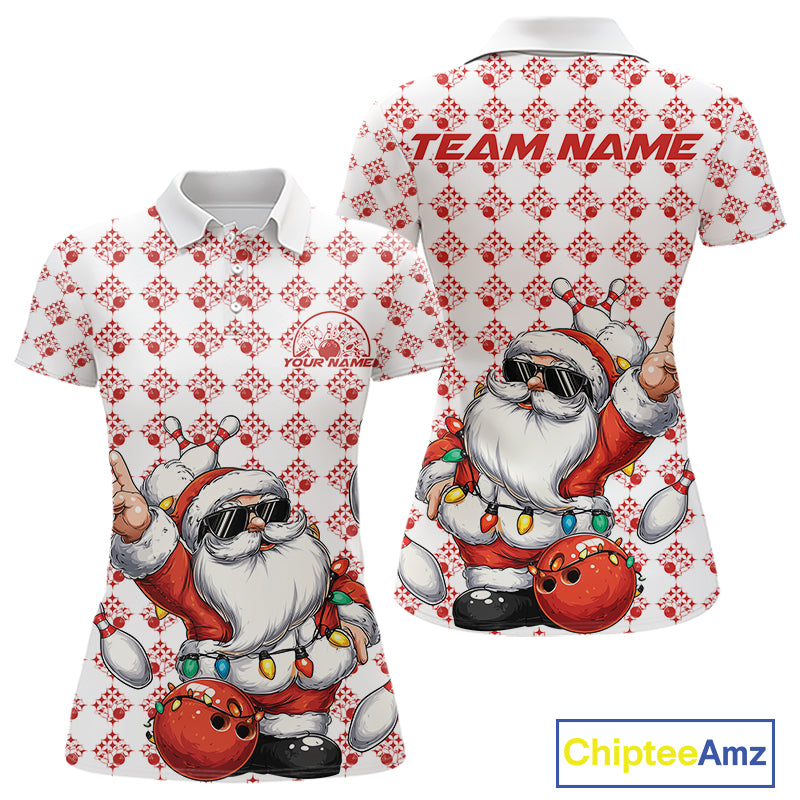 Custom Funny Santa Claus Christmas Bowling Women Polo Shirts, Xmas Bowling Team Shirt IPHW10111