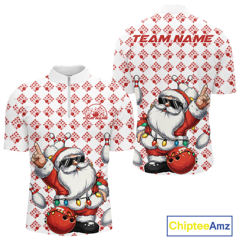 Custom Funny Santa Claus Christmas Bowling Men Quarter-Zip Shirts, Xmas Bowling Team Shirt IPHW10111