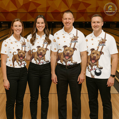 Custom Funny Brown Pitbull Dog Bowling Men Polo Shirts, Dog Paw Print Bowler Outfit IPHW10248