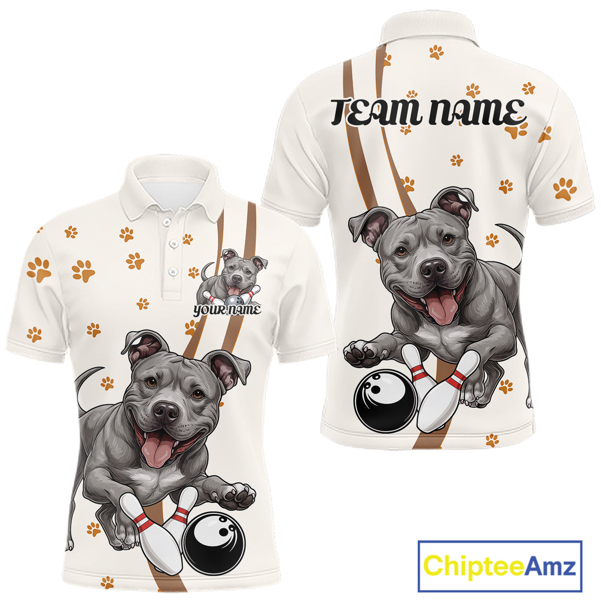 Custom Funny Pitbull Dog Bowling Men Polo Shirts, Dog Paw Print Bowler Outfit IPHW10249