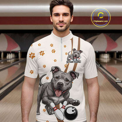 Custom Funny Pitbull Dog Bowling Men Quarter-Zip Shirts, Dog Paw Print Bowler Outfit IPHW10249