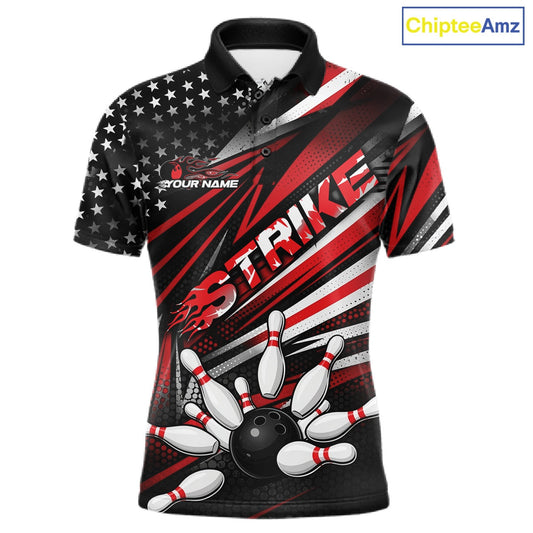 Custom Black And Red US Flag Patriotic Strike Bowling Team Shirt, Freedom Bowling League Shirt Bowler Jerseys IPHW10457