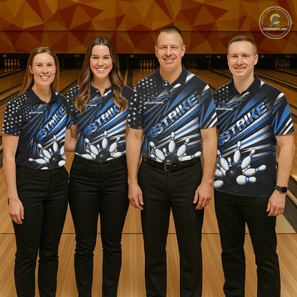Custom Black And Blue US Flag Patriotic Strike Bowling Team Shirt, Freedom Bowling League Shirt Bowler Jerseys IPHW10458