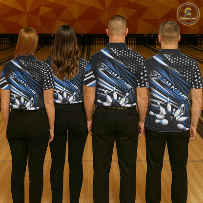 Custom Black And Blue US Flag Patriotic Strike Bowling Team Shirt, Freedom Bowling League Shirt Bowler Jerseys IPHW10458
