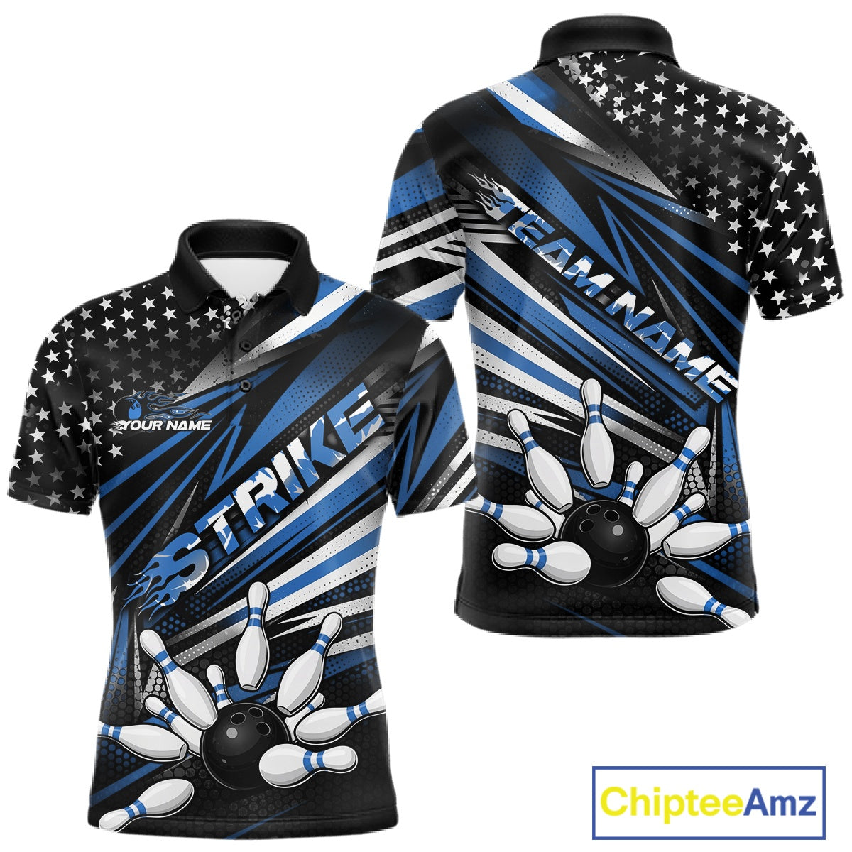 Custom Black And Blue US Flag Patriotic Strike Bowling Team Shirt, Freedom Bowling League Shirt Bowler Jerseys IPHW10458