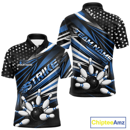 Custom Black And Blue US Flag Patriotic Strike Bowling Team Shirt, Freedom Bowling League Shirt Bowler Jerseys IPHW10458