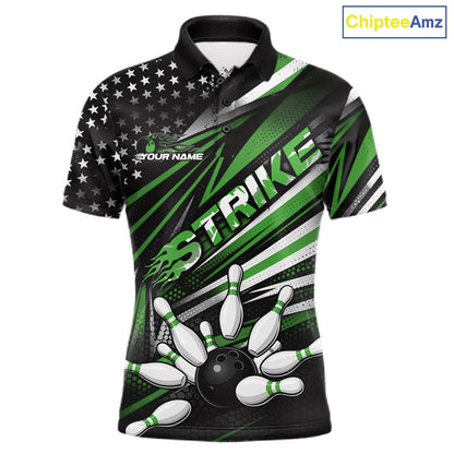 Custom Black And Green US Flag Patriotic Strike Bowling Team Shirt, Freedom Bowling League Shirt Bowler Jerseys IPHW10459