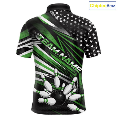 Custom Black And Green US Flag Patriotic Strike Bowling Team Shirt, Freedom Bowling League Shirt Bowler Jerseys IPHW10459