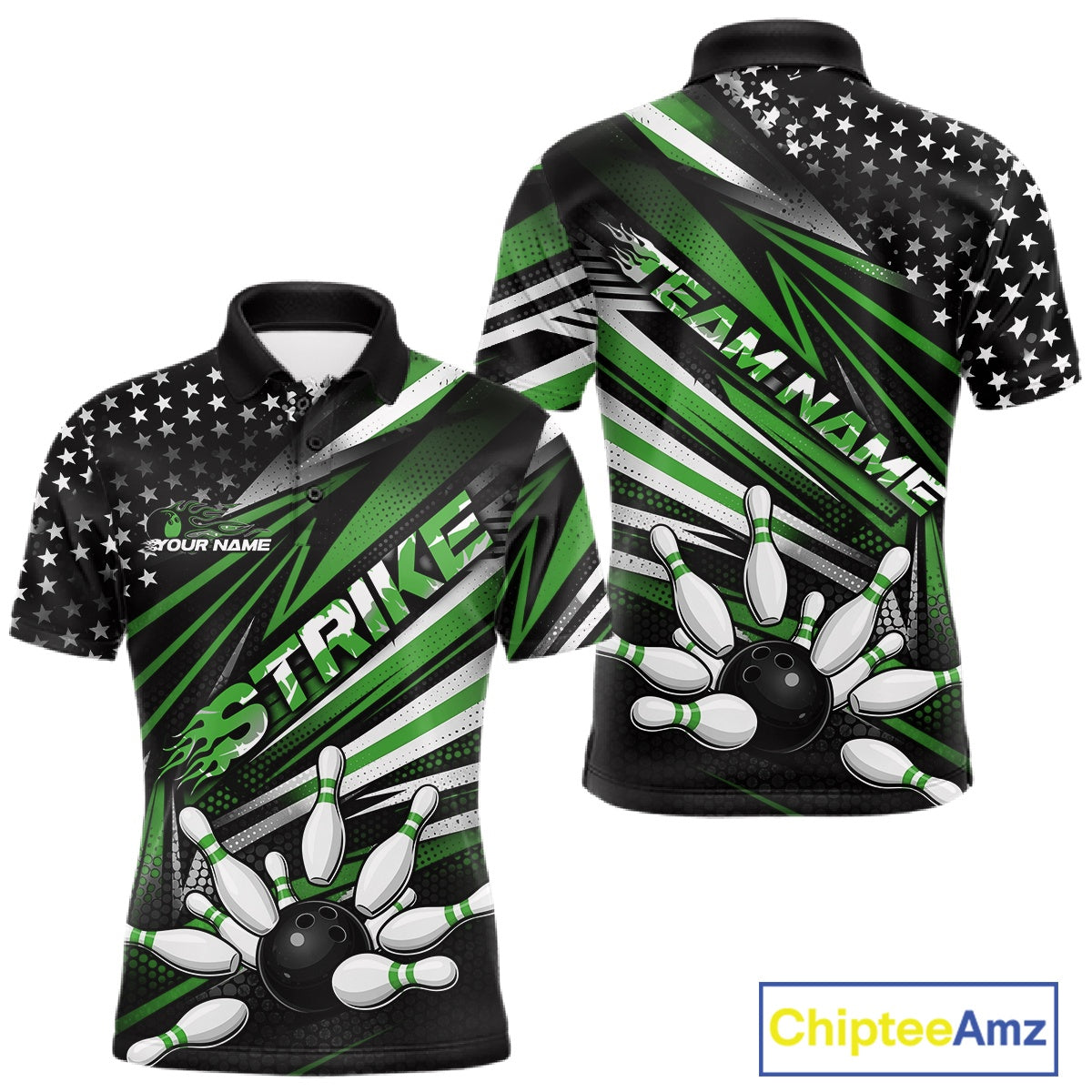 Custom Black And Green US Flag Patriotic Strike Bowling Team Shirt, Freedom Bowling League Shirt Bowler Jerseys IPHW10459