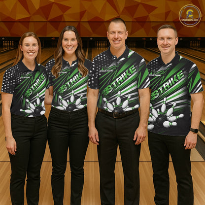 Custom Black And Green US Flag Patriotic Strike Bowling Team Shirt, Freedom Bowling League Shirt Bowler Jerseys IPHW10459