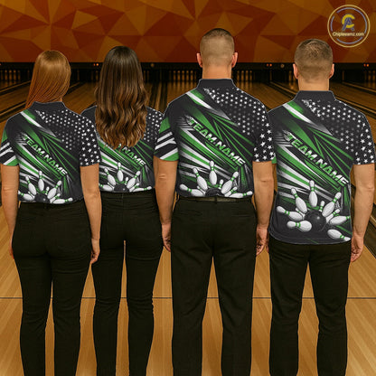 Custom Black And Green US Flag Patriotic Strike Bowling Team Shirt, Freedom Bowling League Shirt Bowler Jerseys IPHW10459