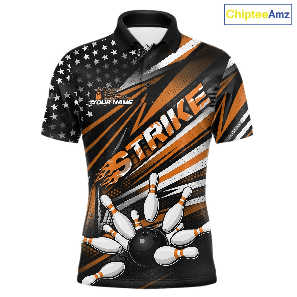 Custom Black And Orange US Flag Patriotic Strike Bowling Team Shirt, Freedom Bowling League Shirt Bowler Jersey IPHW10460