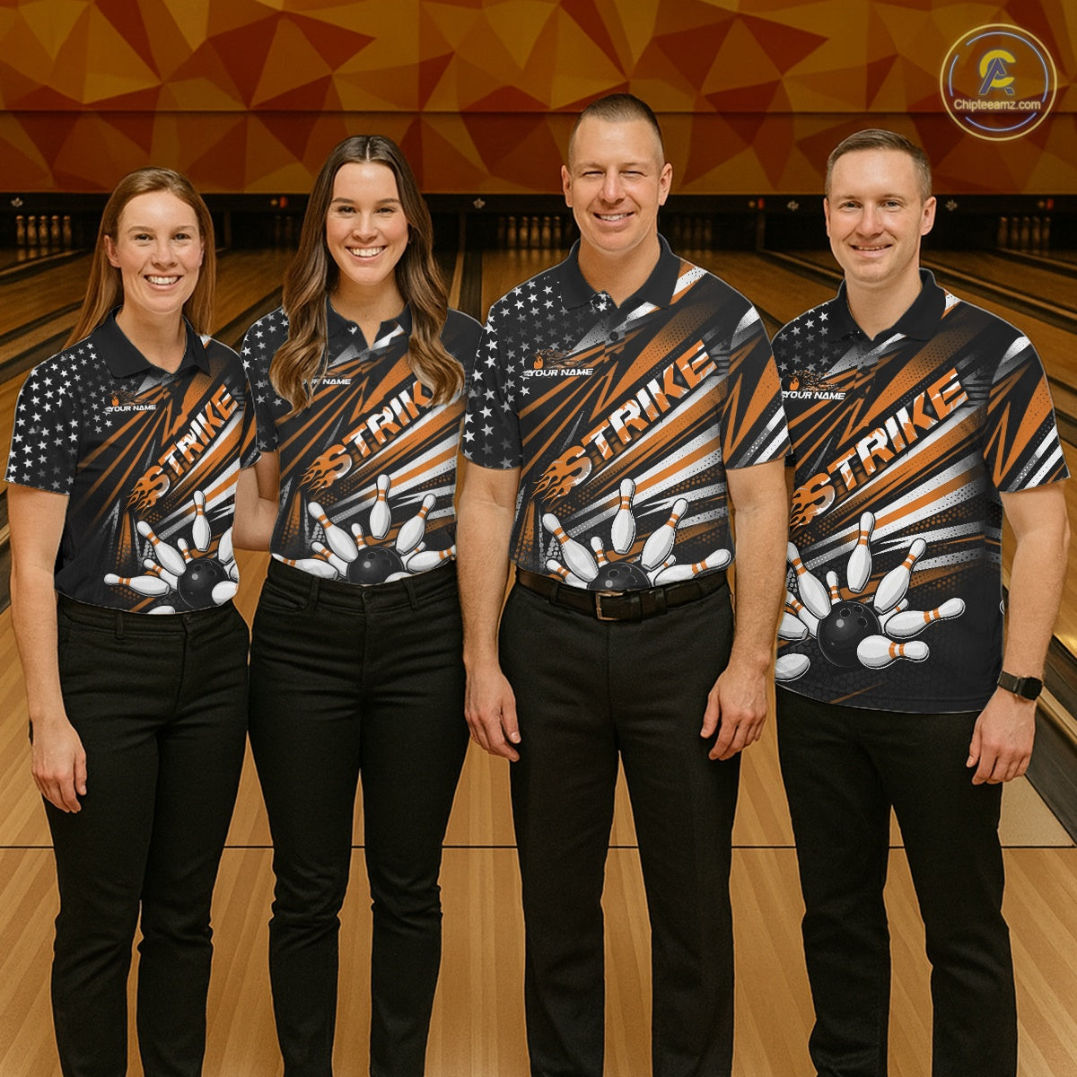 Custom Black And Orange US Flag Patriotic Strike Bowling Team Shirt, Freedom Bowling League Shirt Bowler Jersey IPHW10460