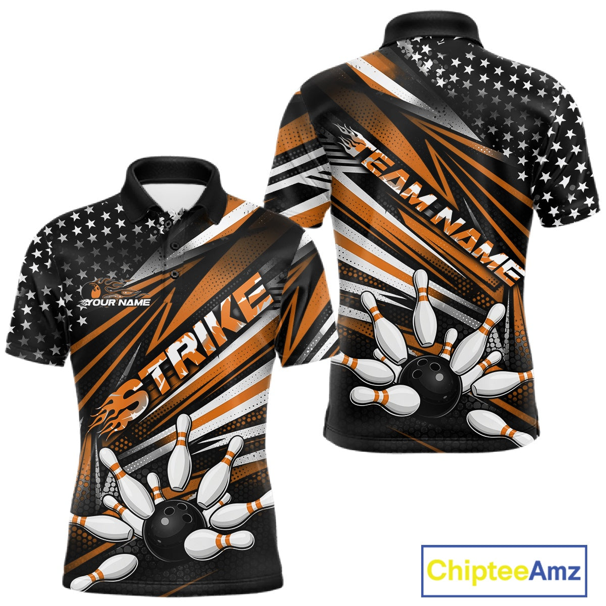 Custom Black And Orange US Flag Patriotic Strike Bowling Team Shirt, Freedom Bowling League Shirt Bowler Jersey IPHW10460