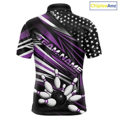 Custom Black And Purple US Flag Patriotic Strike Bowling Team Shirt, Freedom Bowling League Shirt Bowler Jersey IPHW10461