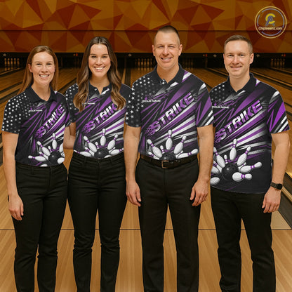 Custom Black And Purple US Flag Patriotic Strike Bowling Team Shirt, Freedom Bowling League Shirt Bowler Jersey IPHW10461