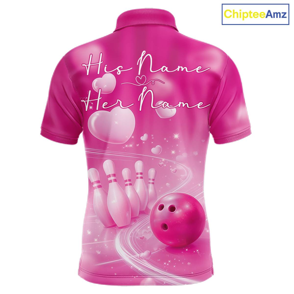 Custom Pink Valentine Bowling Couple Shirts, Pink Heart Theme Bowling Jerseys With His Name And Her Name IPHW10464