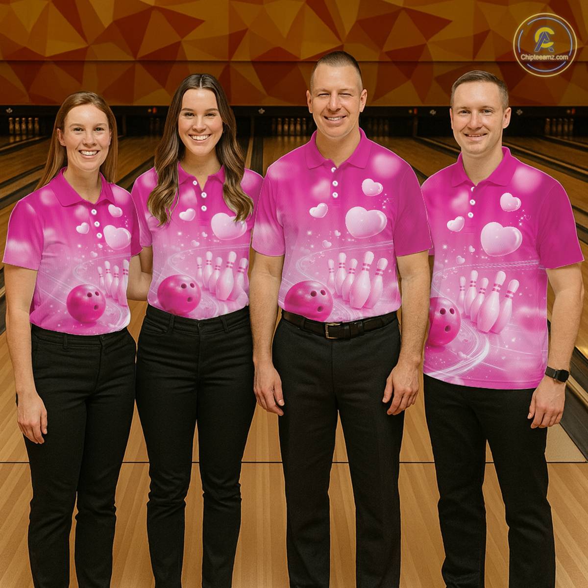 Custom Pink Valentine Bowling Couple Shirts, Pink Heart Theme Bowling Jerseys With His Name And Her Name IPHW10464