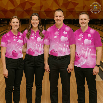 Custom Pink Valentine Bowling Couple Shirts, Pink Heart Theme Bowling Jerseys With His Name And Her Name IPHW10464