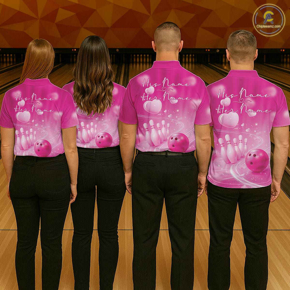 Custom Pink Valentine Bowling Couple Shirts, Pink Heart Theme Bowling Jerseys With His Name And Her Name IPHW10464