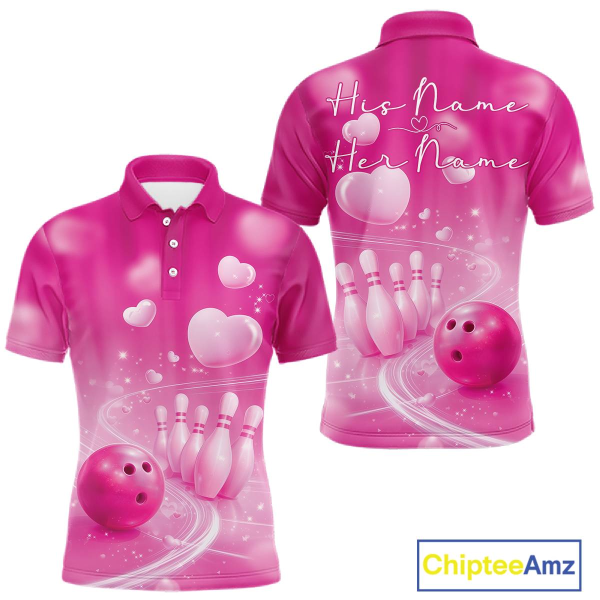 Custom Pink Valentine Bowling Couple Shirts, Pink Heart Theme Bowling Jerseys With His Name And Her Name IPHW10464
