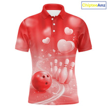 Load image into Gallery viewer, Custom Red Valentine Bowling Couple Shirts, Red Heart Theme Bowling Jerseys With His Name And Her Name IPHW10465