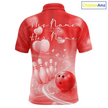Load image into Gallery viewer, Custom Red Valentine Bowling Couple Shirts, Red Heart Theme Bowling Jerseys With His Name And Her Name IPHW10465