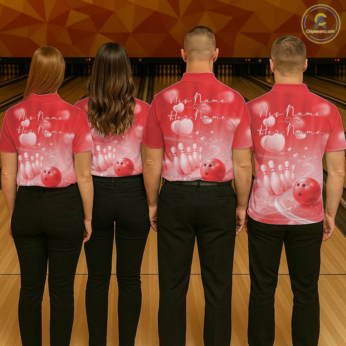 Custom Red Valentine Bowling Couple Shirts, Red Heart Theme Bowling Jerseys With His Name And Her Name IPHW10465