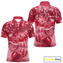Load image into Gallery viewer, Custom Red Valentine Bowling Couple Shirts, Red Heart Theme Bowling Jerseys With His Name And Her Name IPHW10467