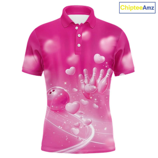 Custom Pink Valentine Bowling Couple Shirts, Pink Heart Theme Bowling Jerseys With His Name And Her Name IPHW10468