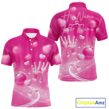 Load image into Gallery viewer, Custom Pink Valentine Bowling Couple Shirts, Pink Heart Theme Bowling Jerseys With His Name And Her Name IPHW10468