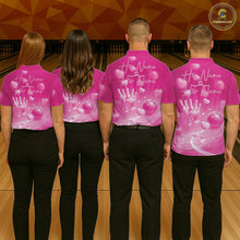 Load image into Gallery viewer, Custom Pink Valentine Bowling Couple Shirts, Pink Heart Theme Bowling Jerseys With His Name And Her Name IPHW10468