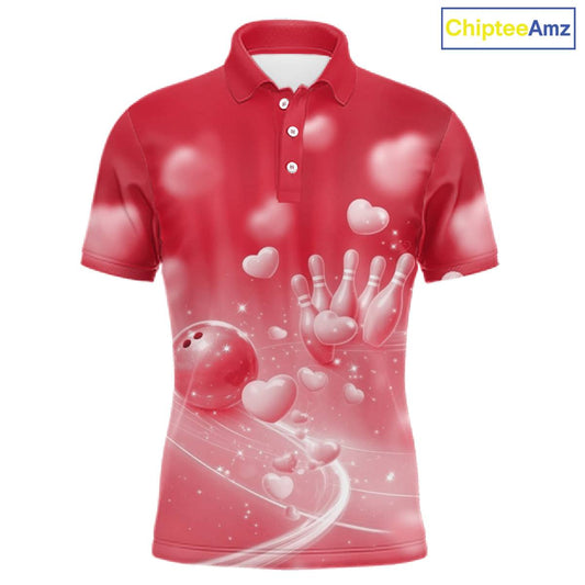 Custom Red Valentine Bowling Couple Shirts, Red Heart Theme Bowling Jerseys With His Name And Her Name IPHW10469