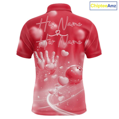 Custom Red Valentine Bowling Couple Shirts, Red Heart Theme Bowling Jerseys With His Name And Her Name IPHW10469