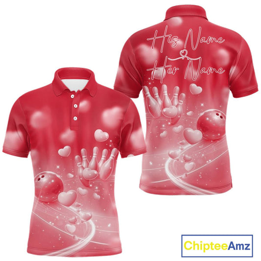 Custom Red Valentine Bowling Couple Shirts, Red Heart Theme Bowling Jerseys With His Name And Her Name IPHW10469