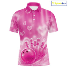 Load image into Gallery viewer, Custom Pink Valentine Bowling Couple Shirts, Pink Heart Theme Bowling Jerseys With His Name And Her Name IPHW10470