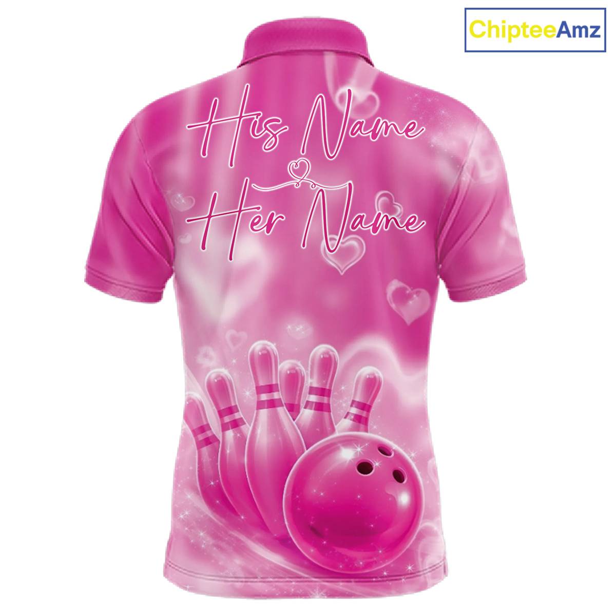 Custom Pink Valentine Bowling Couple Shirts, Pink Heart Theme Bowling Jerseys With His Name And Her Name IPHW10470